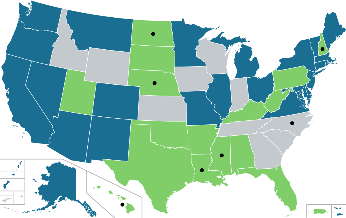 Map of the United States showing states where weed is legal for recreational and medical use in 2024